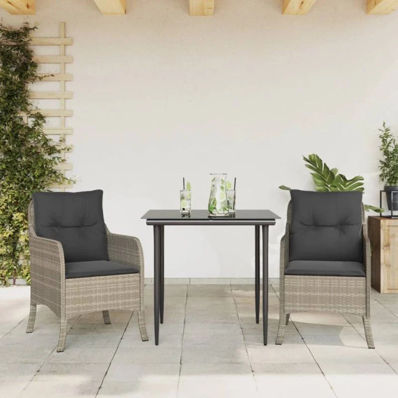 Spisebordssæt til haven 3 dele i lysegrå polyrattan - inkl. hynder