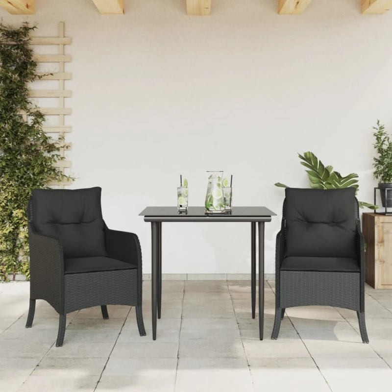 Spisebordssæt i sort polyrattan 3 dele med hynder