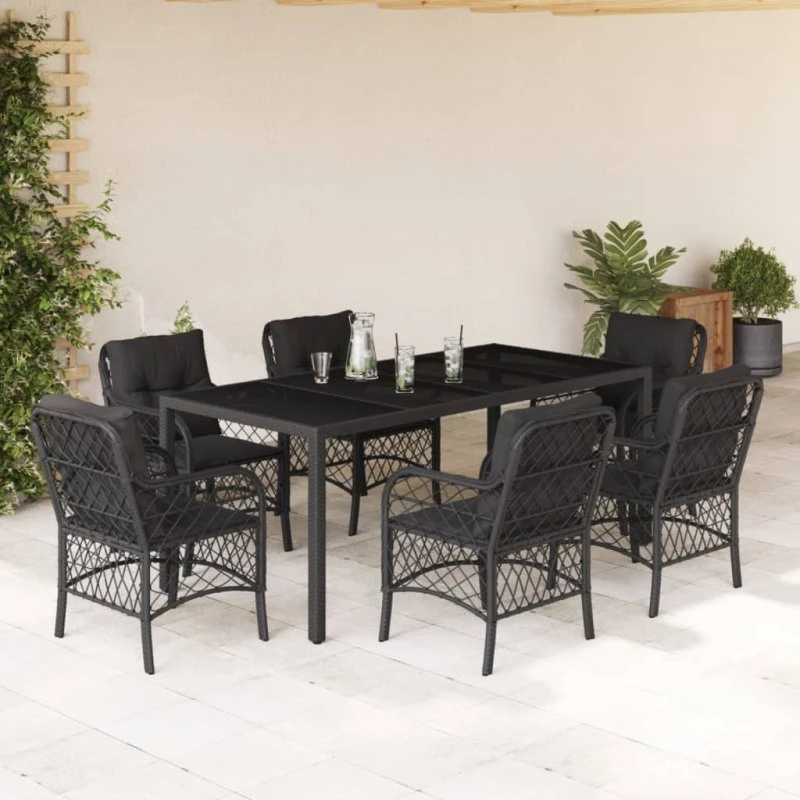 Spisebordssæt i polyrattan 7 dele med hynder, sort