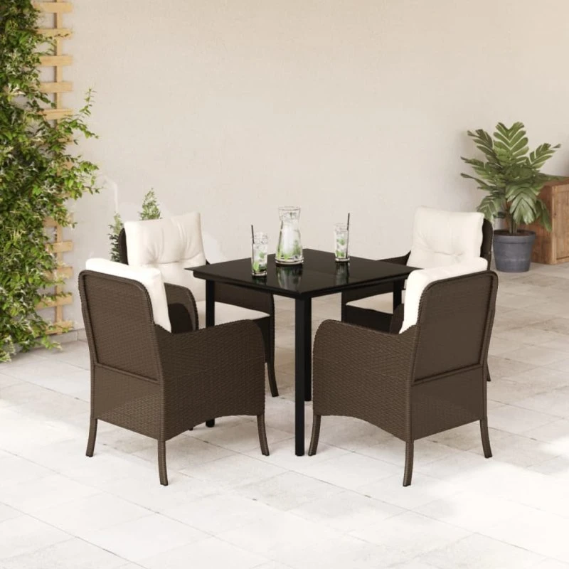 Spisebordssæt i polyrattan 5 dele med hynder - brun
