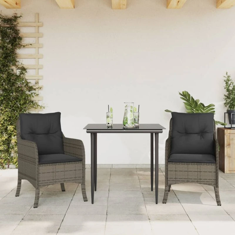 Spisebordssæt til haven 3 dele i grå polyrattan med hynder