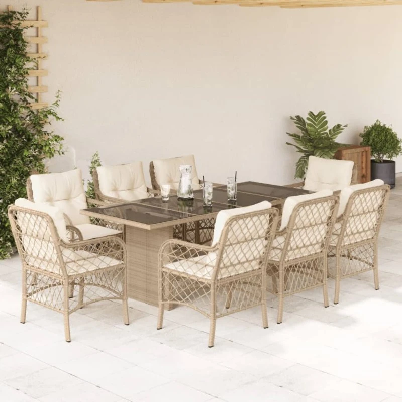 Spisebordssæt 9 dele i polyrattan med hynder - beige