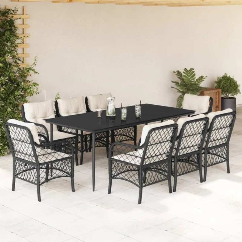 Spisebordssæt i polyrattan 9 dele med hynder, sort
