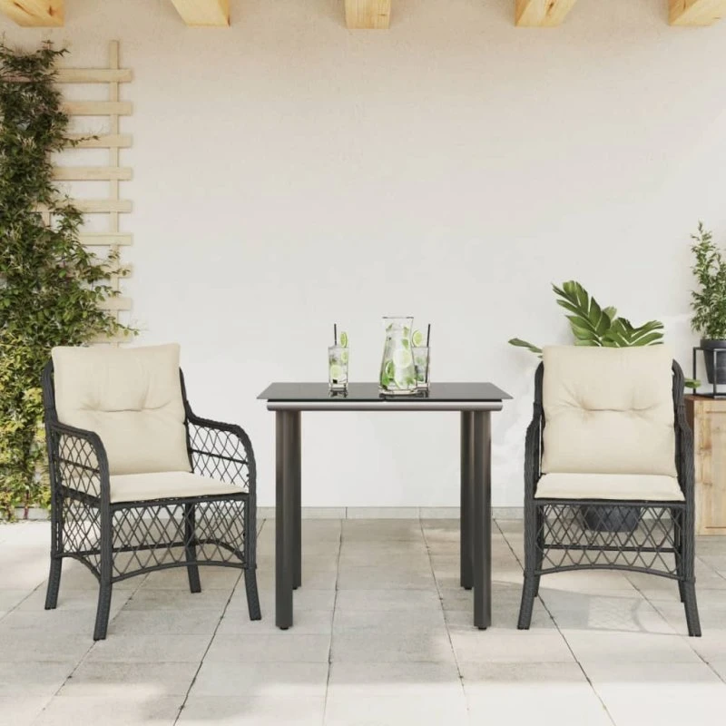 Sort 3-delers bistrosæt i polyrattan med hynder