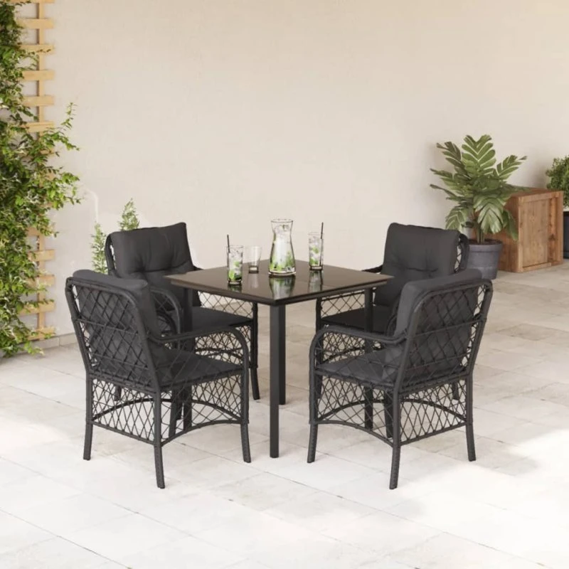 Spisebordssæt i polyrattan 5 dele med hynder, sort