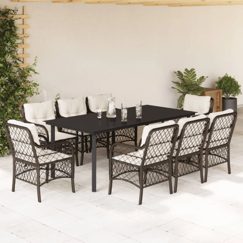 Spisebordssæt i polyrattan 9 dele - brun med hynder
