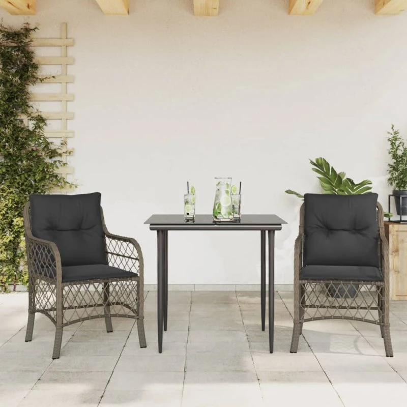 Bistrosæt i grå polyrattan 3 dele med hynder