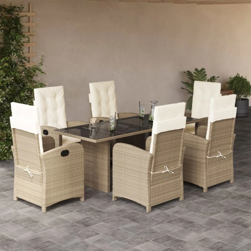Havemøbelsæt 7 dele i polyrattan med hynder – beige