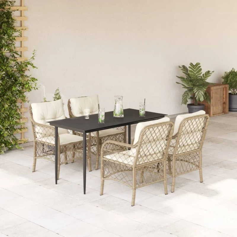 Havesæt 5 dele i polyrattan med hynder - beige