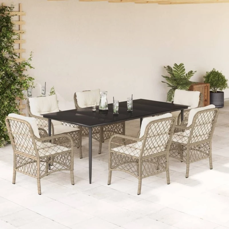 Havemøbelsæt 7 dele i polyrattan med hynder - beige