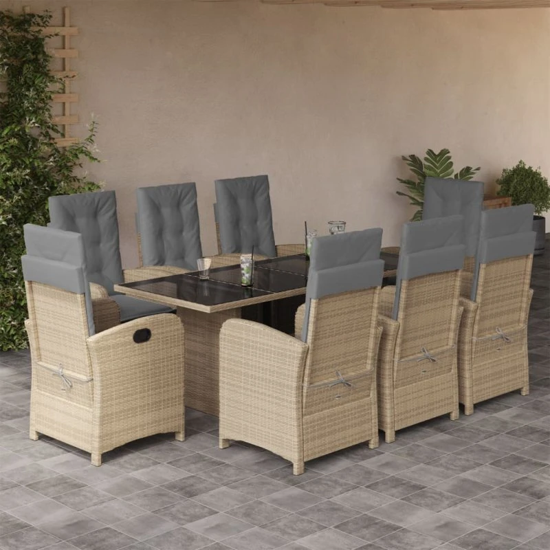 Polyrattan havespisebordssæt 9 dele med hynder, beige
