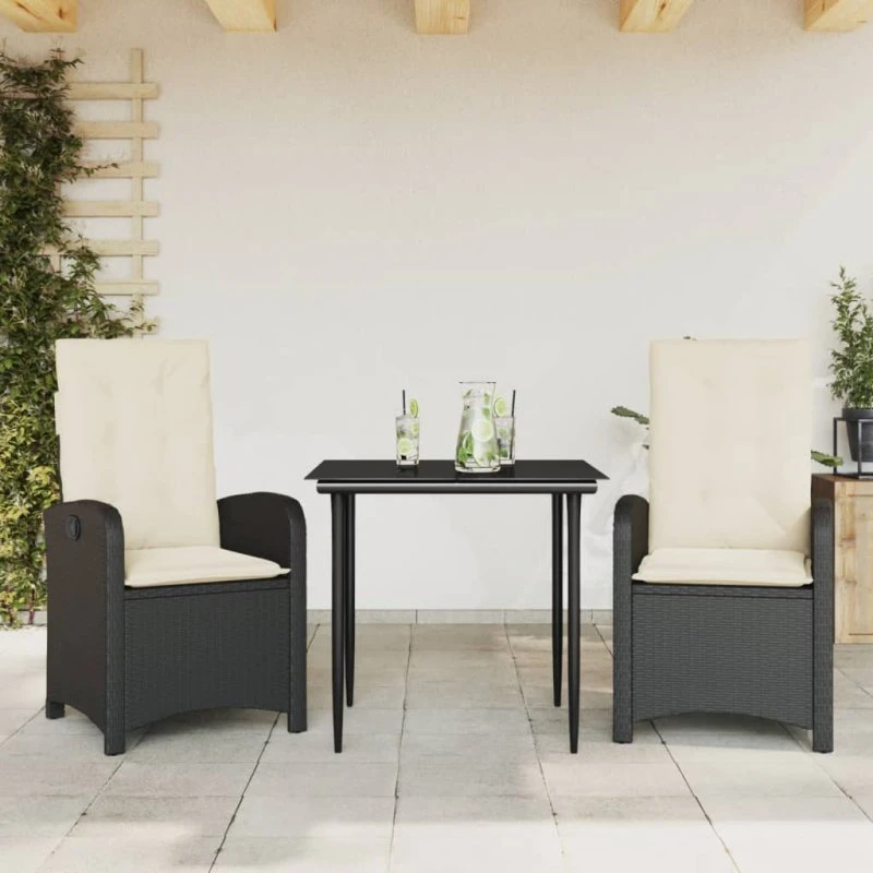 Spisebordssæt til haven 3 dele i sort polyrattan med hynder
