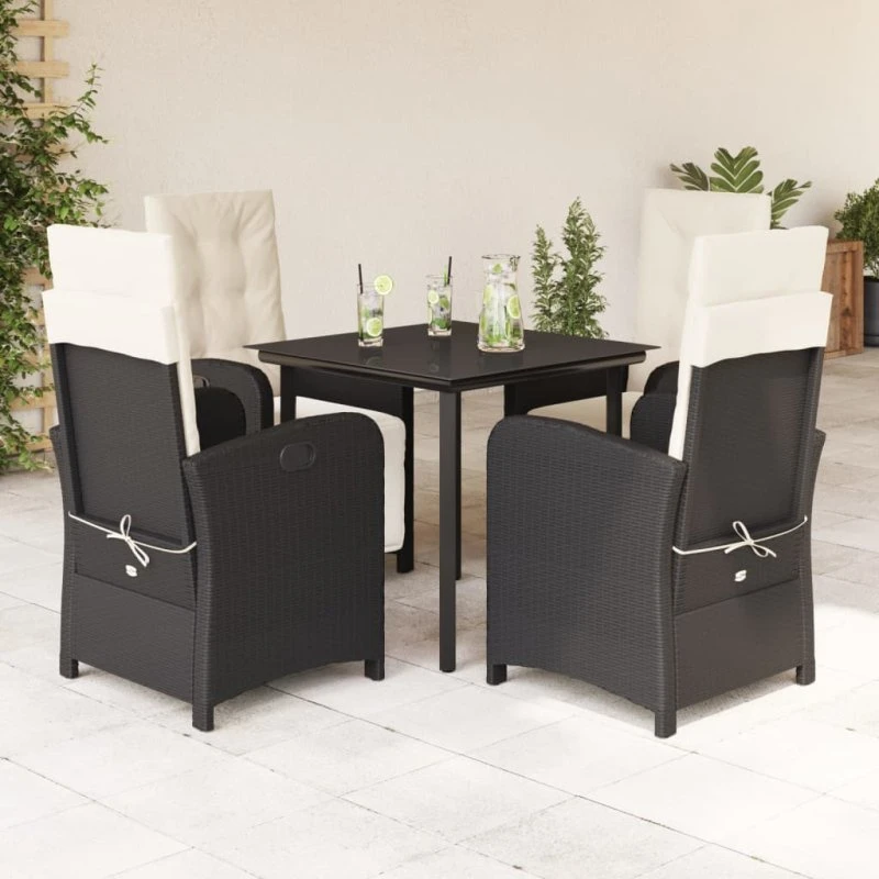 Spisebordssæt i sort polyrattan 5 dele med hynder