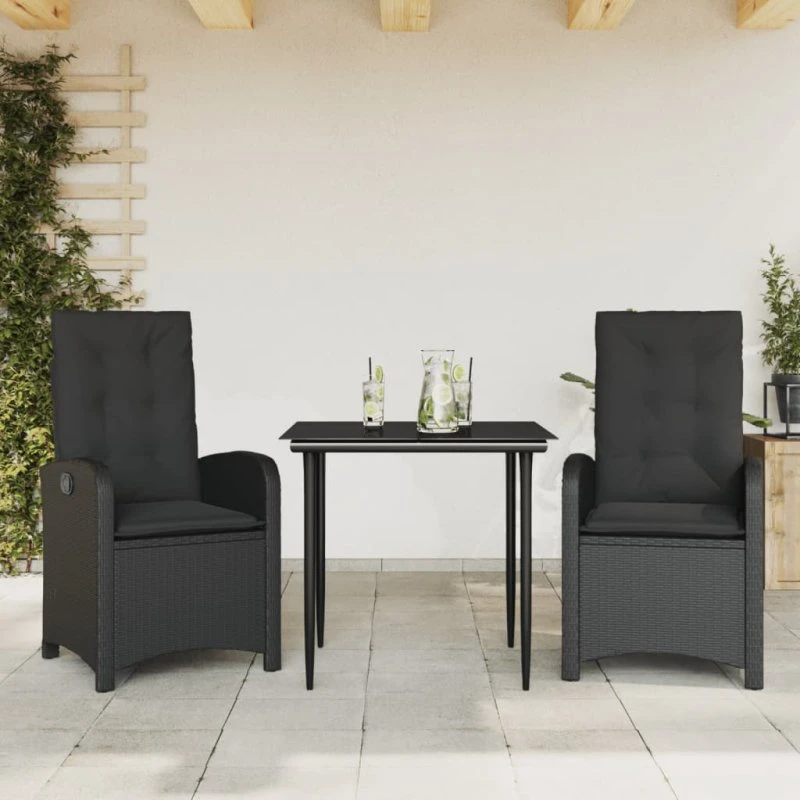 Havemøbelsæt 3 dele i sort polyrattan med hynder