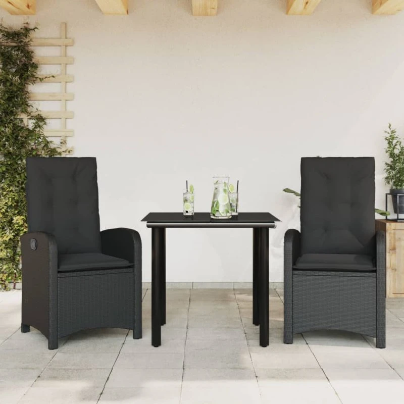 Spisebordssæt til haven 3 dele i sort polyrattan med hynder