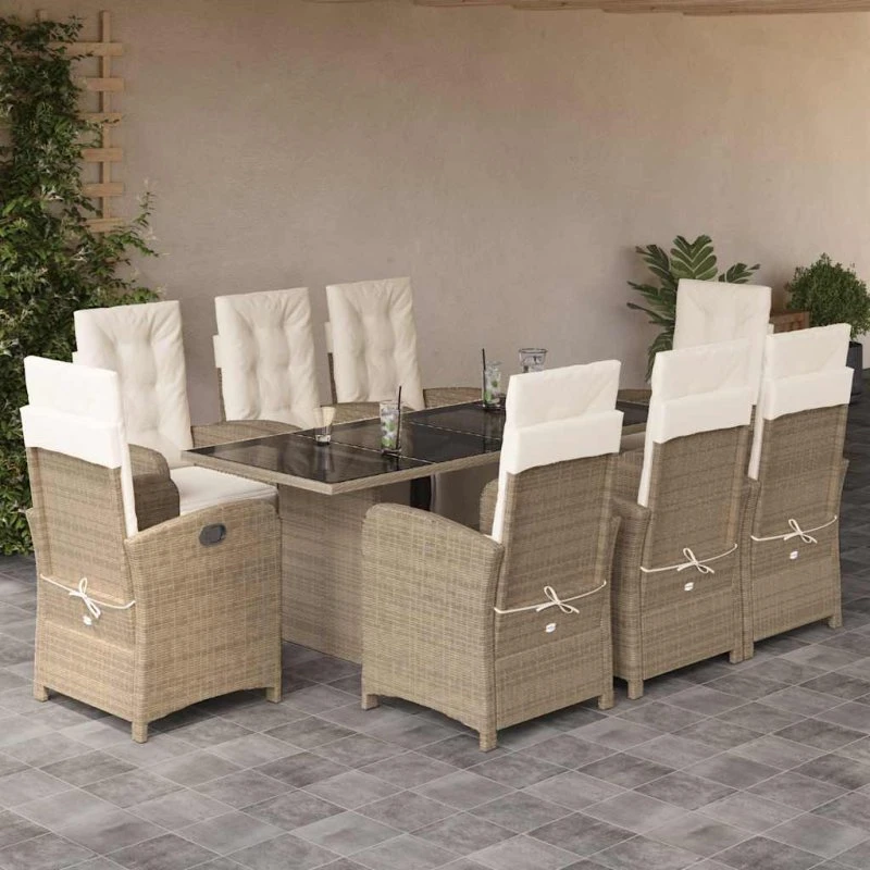 Spisebordssæt i polyrattan 9 dele – beige med hynder