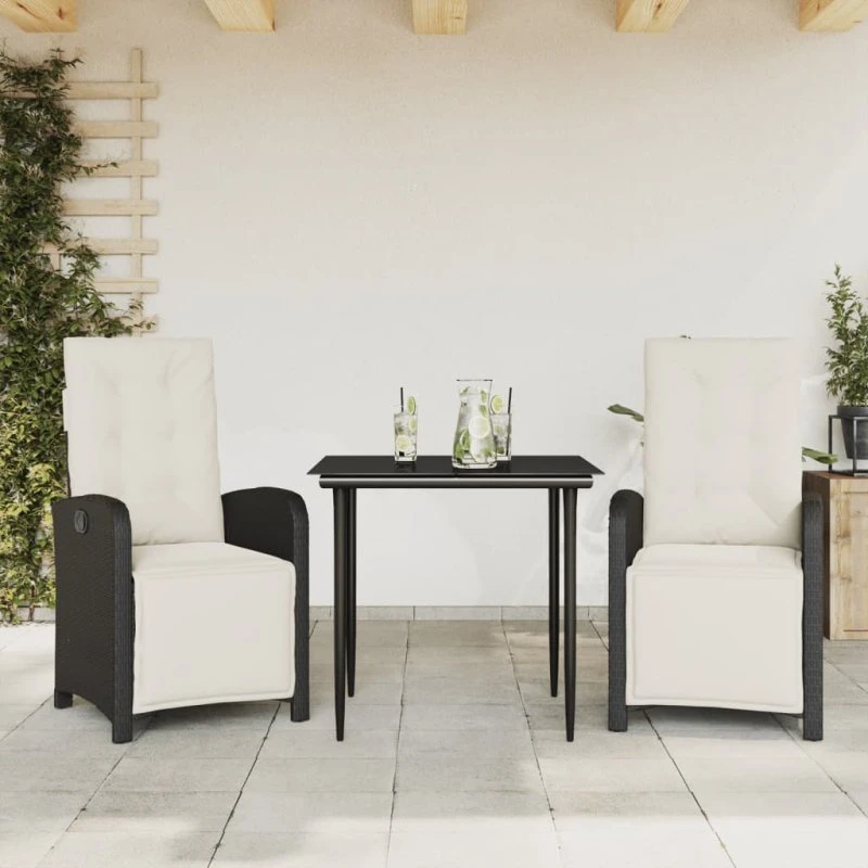 Sort 3-dele bistrosæt i polyrattan med hynder