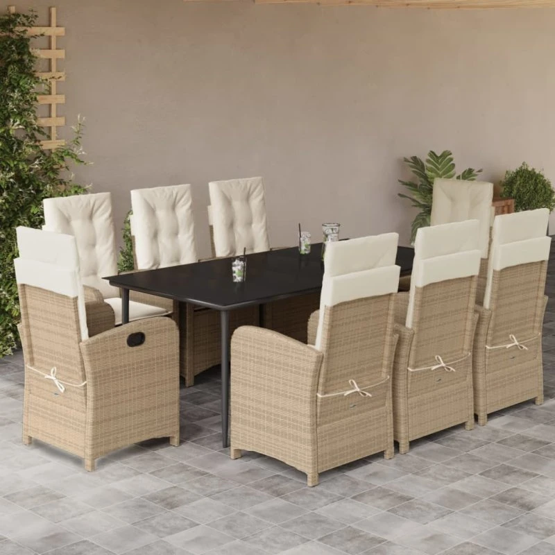 Spisebordssæt i polyrattan 9 dele – beige med hynder