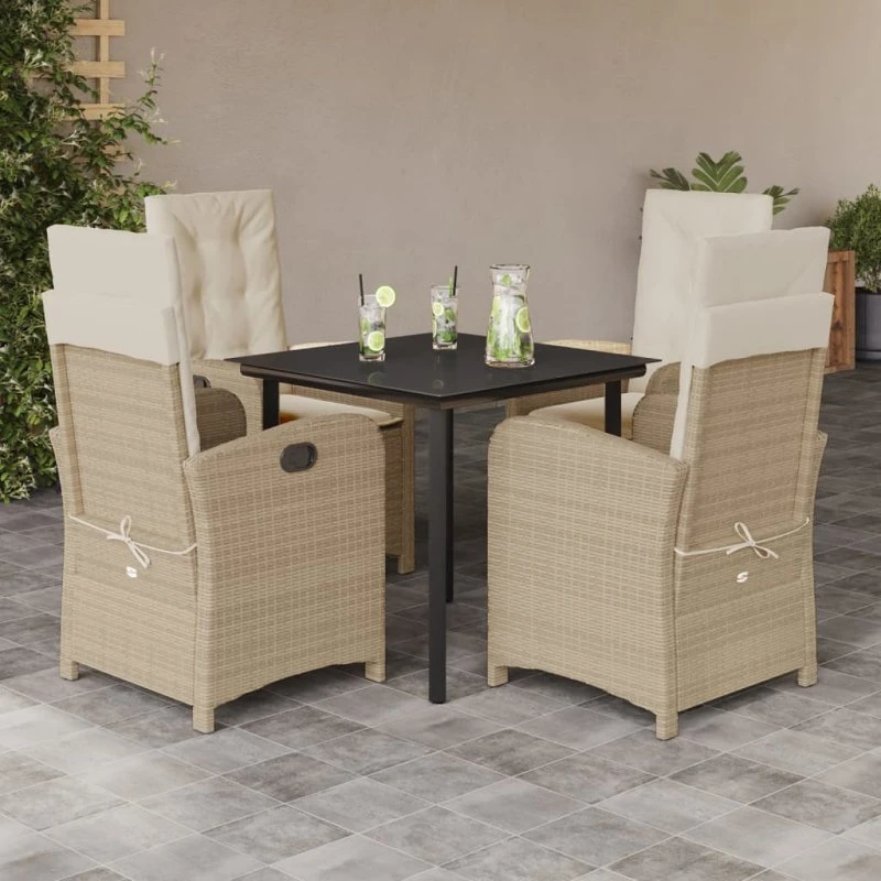 Spisebordssæt til haven 5 dele i beige polyrattan m. hynder
