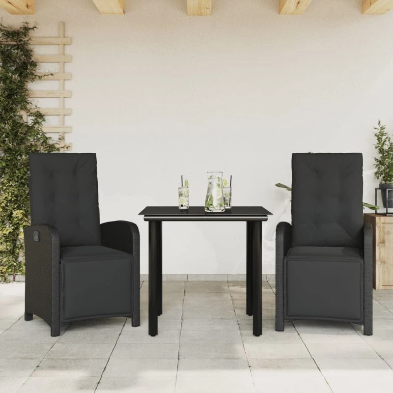 Bistrosæt 3 dele i sort polyrattan med hynder