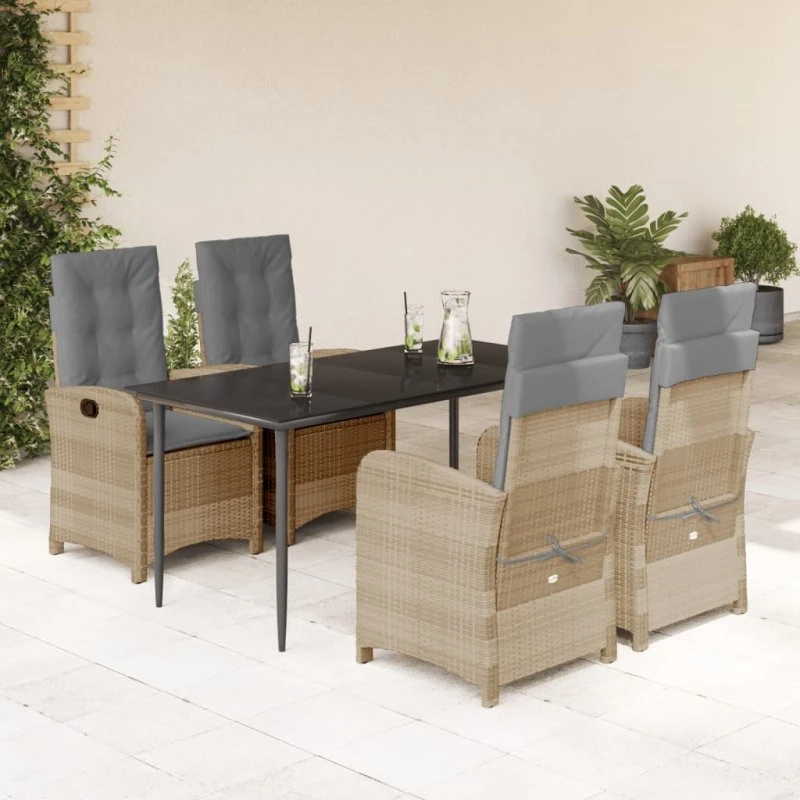 Spisebordssæt til have 5 dele i beige polyrattan m. hynder