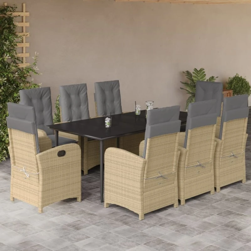 Polyrattan havespisebordssæt 9 dele med hynder, beige