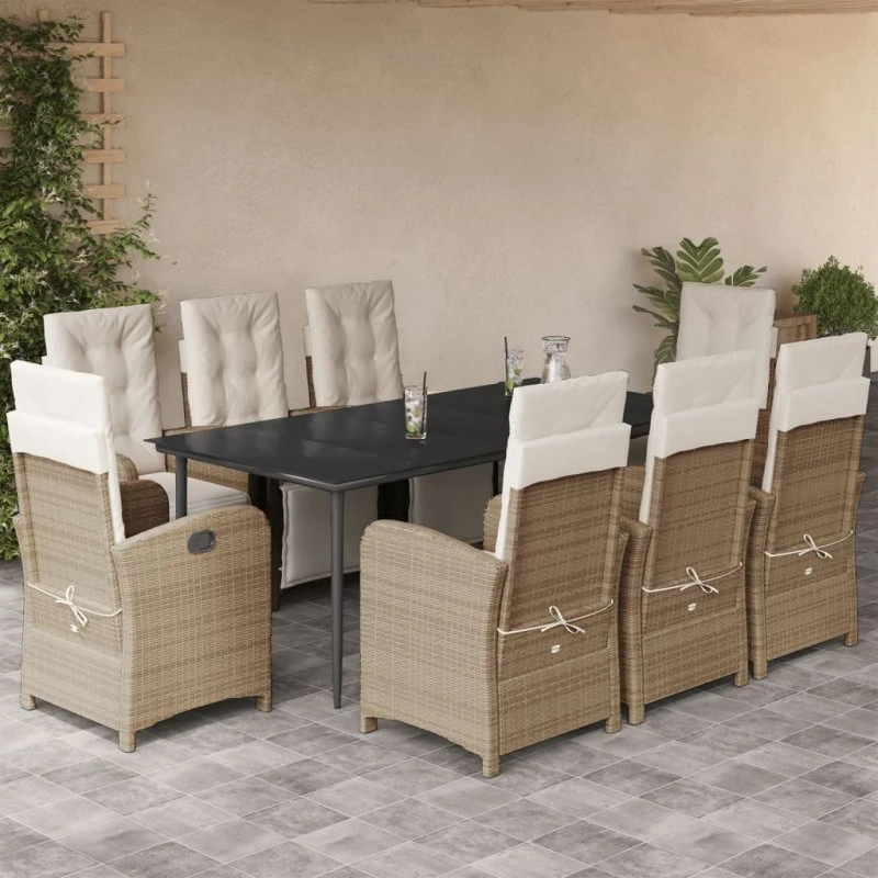 Spisebordssæt 9 dele med hynder - beige polyrattan