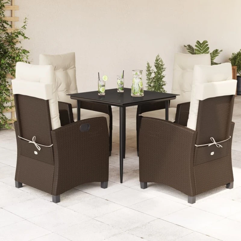 Spisebordssæt i polyrattan 5 dele med hynder, brun