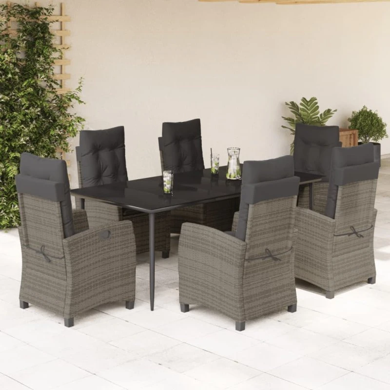 Polyrattan spisebordssæt 7 dele med hynder - grå