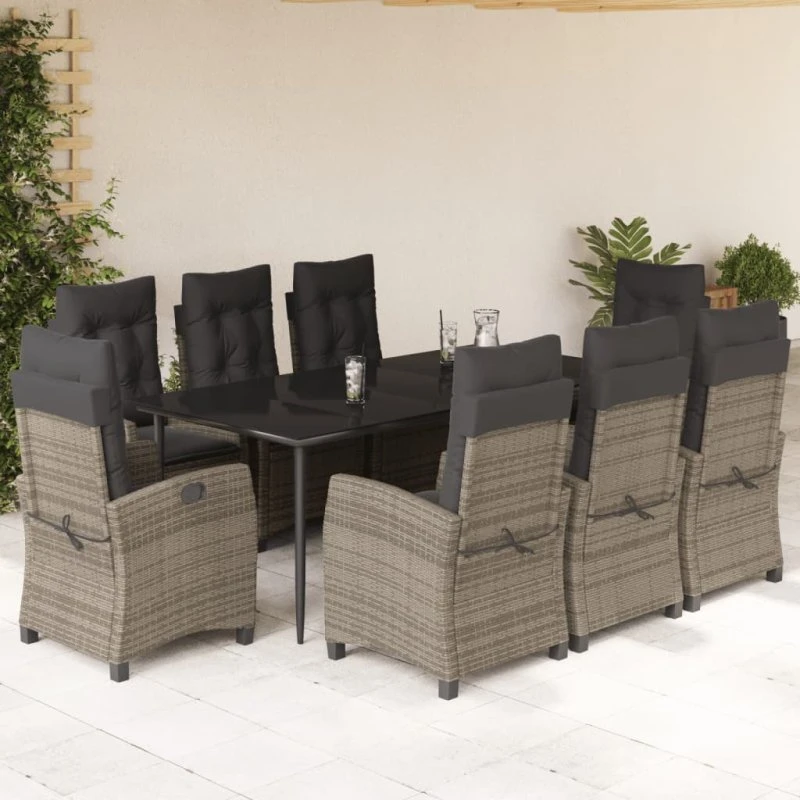 Spisebordssæt i polyrattan 9 dele med hynder, grå