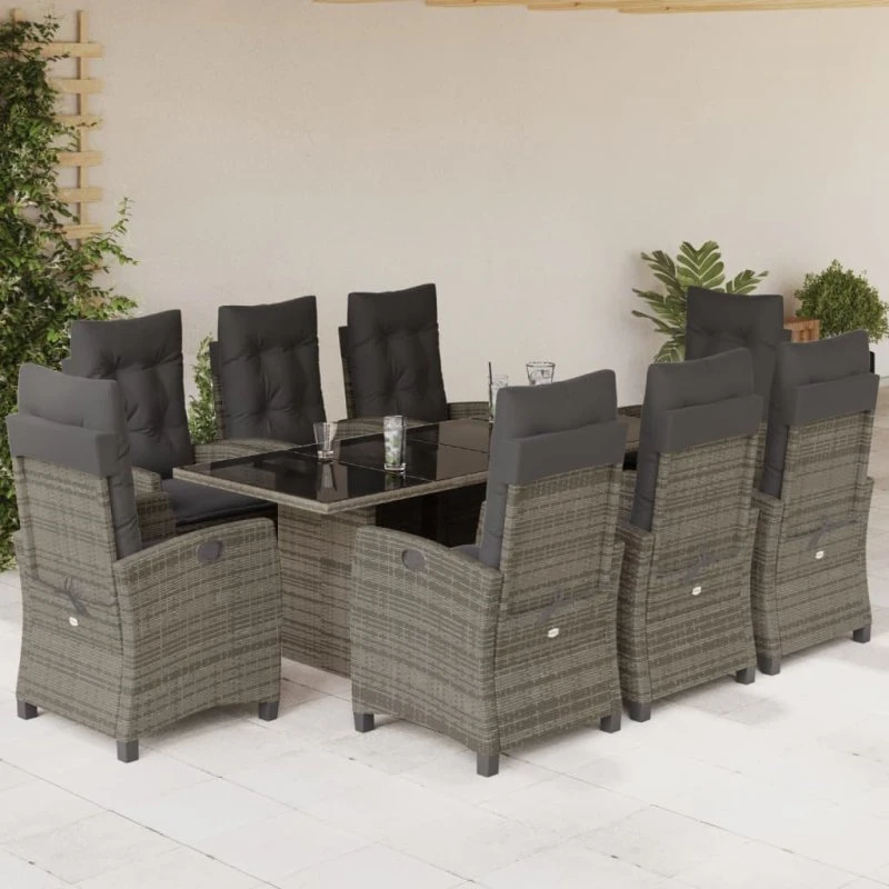 Spisebordssæt i polyrattan 9 dele med hynder, grå