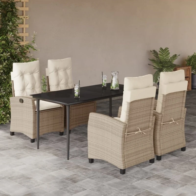 Spisebordssæt 5 dele beige polyrattan med hynder