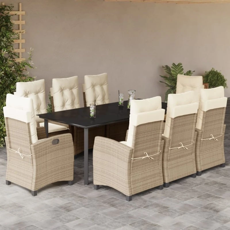 9-del. spisebordssæt i beige polyrattan med hynder