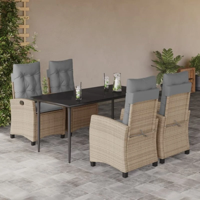 Spisebordssæt til haven 5 dele i beige polyrattan m. hynder