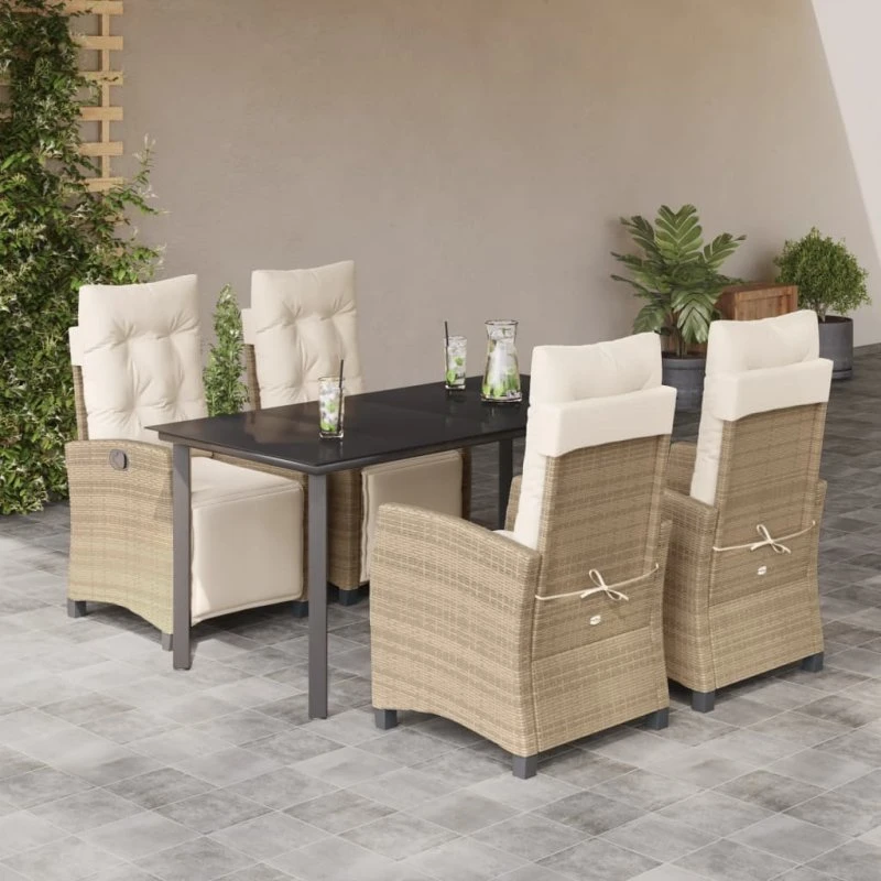 Spisebordssæt 5 dele i beige polyrattan med hynder