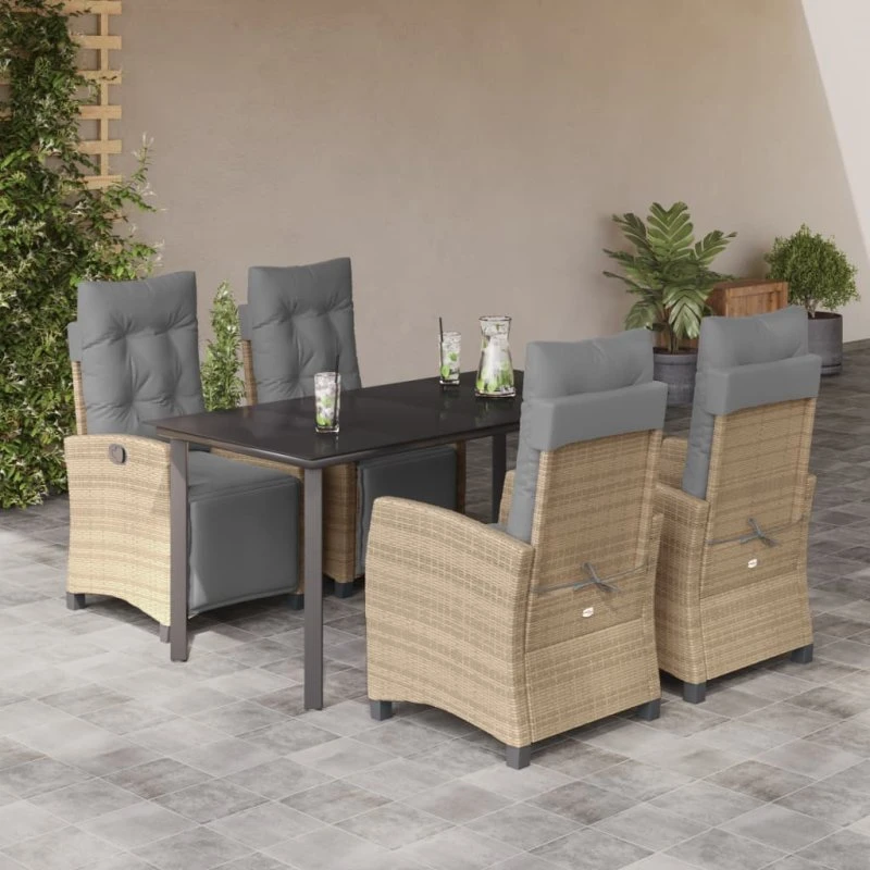 Spisebordssæt til haven 5 dele i beige polyrattan inkl. hynder