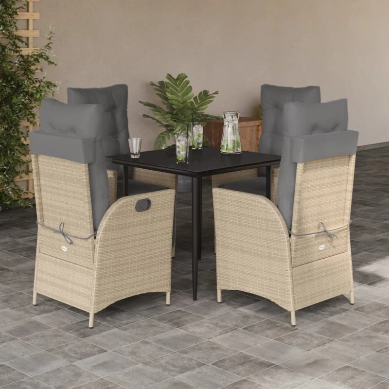 Polyrattan spisebordssæt 5 dele med hynder – beige