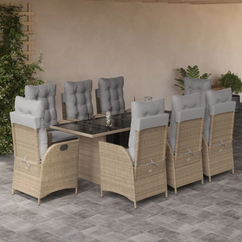 Spisebordssæt til haven 9 dele – beige polyrattan