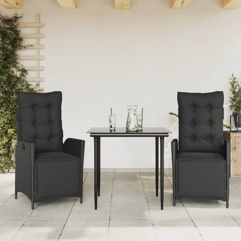 Spisebordssæt til haven i polyrattan 3 dele - sort