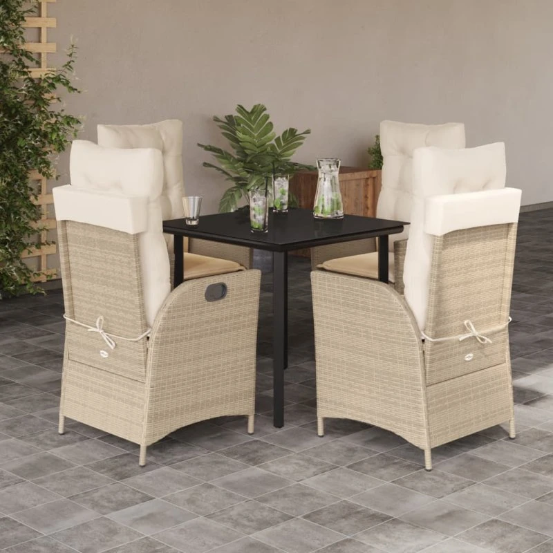 Polyrattan spisebordssæt 5 dele med hynder - beige