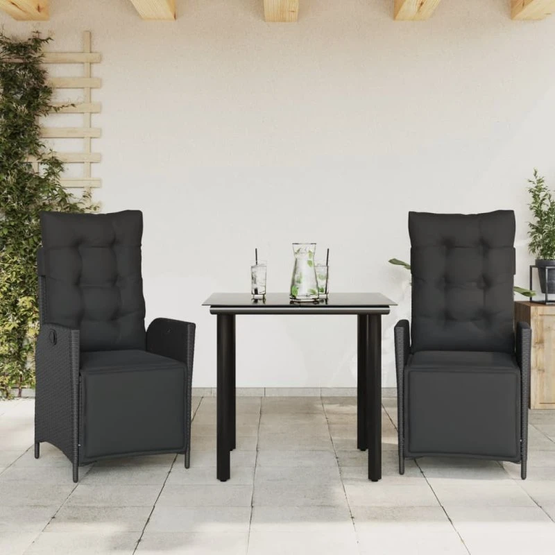 Polyrattan spisebordssæt 3 dele med hynder – sort
