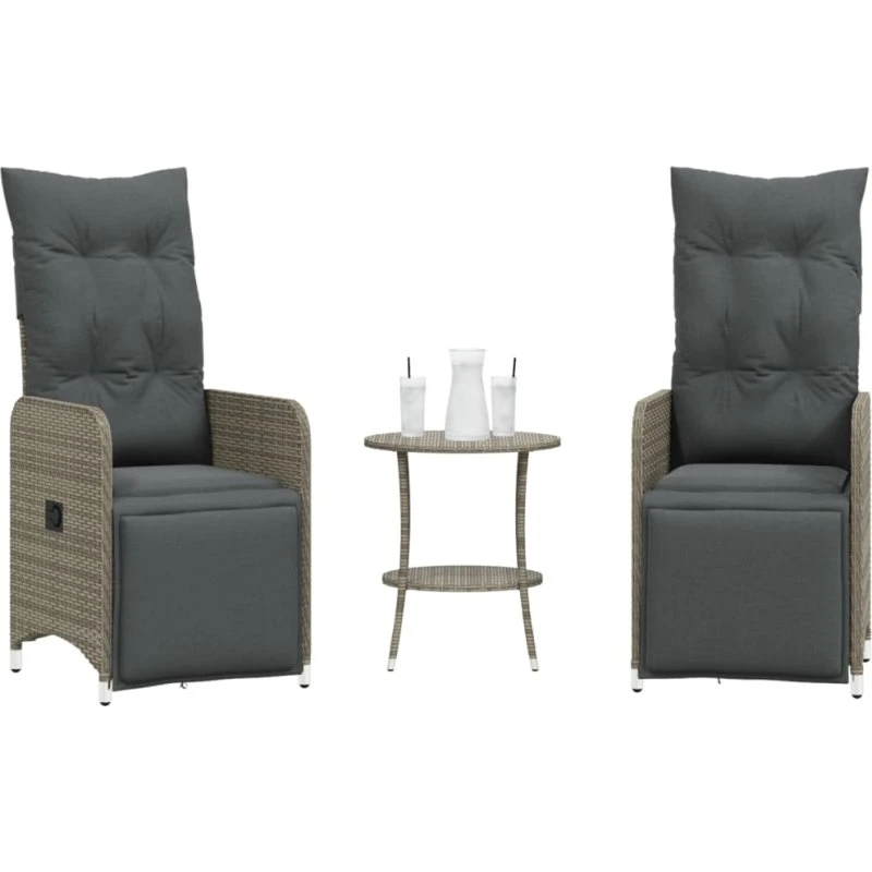 Havestole 2 stk. med lænefunktion & bord i polyrattan, grå