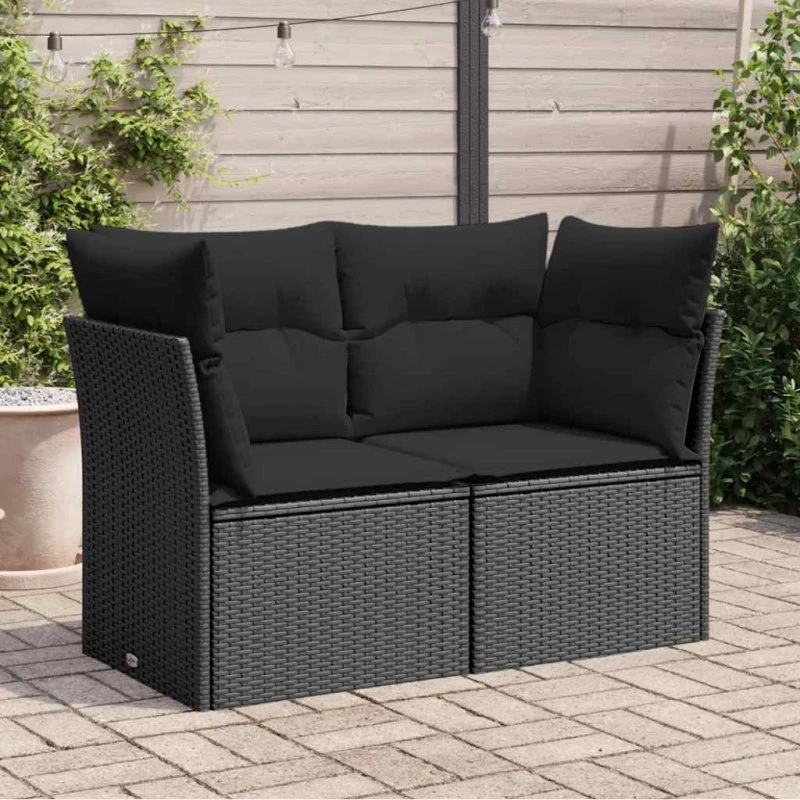 2-personers havesofa i sort polyrattan med hynder