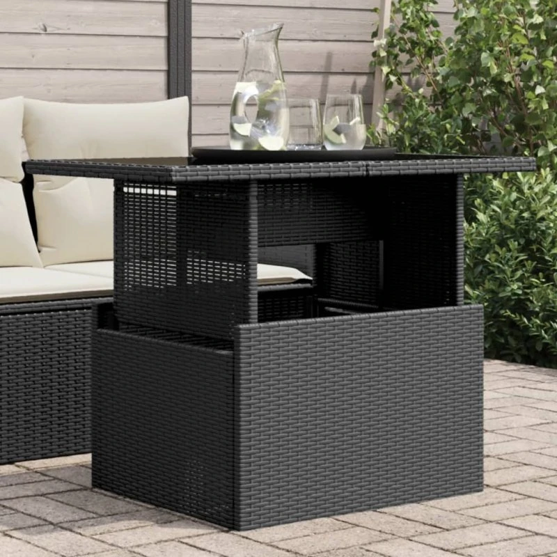 Havebord 100x55x73 cm polyrattan med glastop, sort
