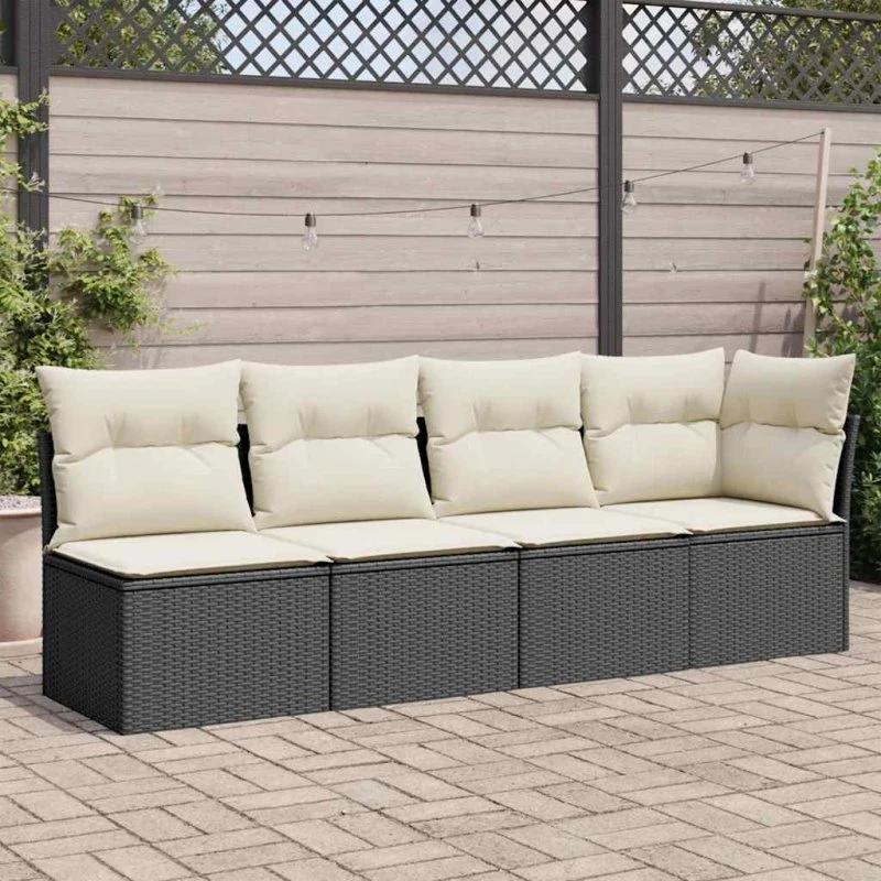 4-personers havesofa i sort polyrattan med hynder