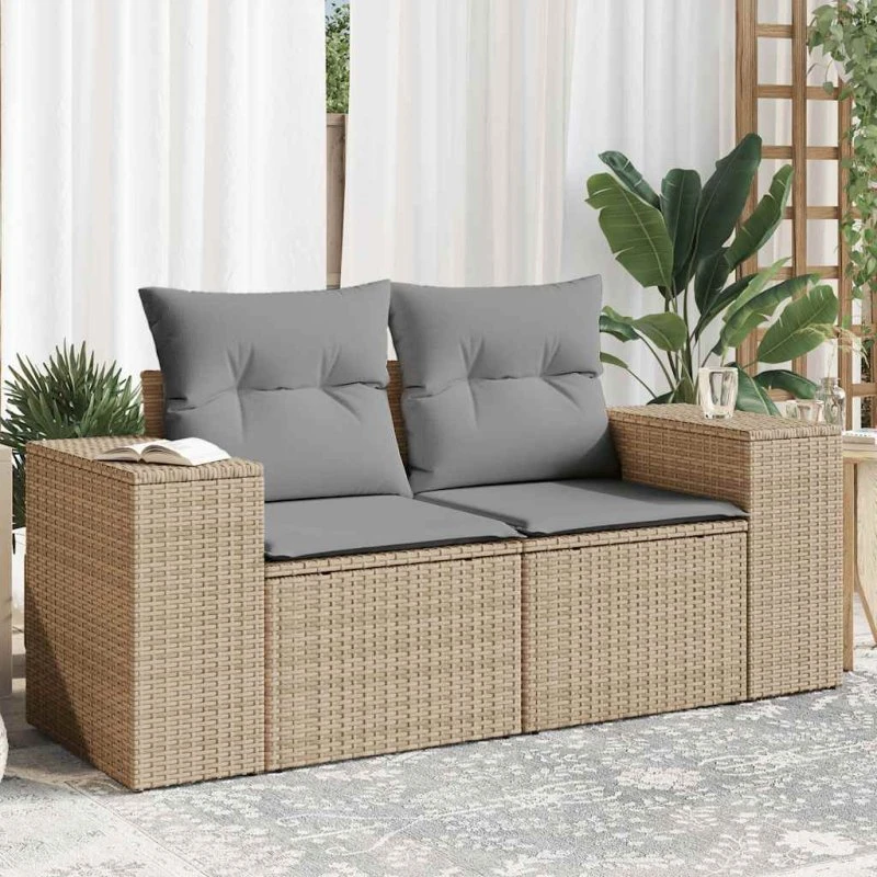 2-personers havesofa i polyrattan med hynder – beige