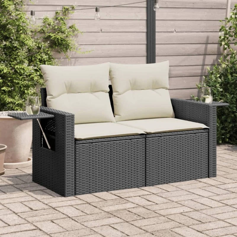 2-personers havesofa i polyrattan med hynder – sort
