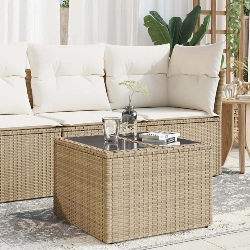 Havebord i beige polyrattan med glastop 55x55x37 cm