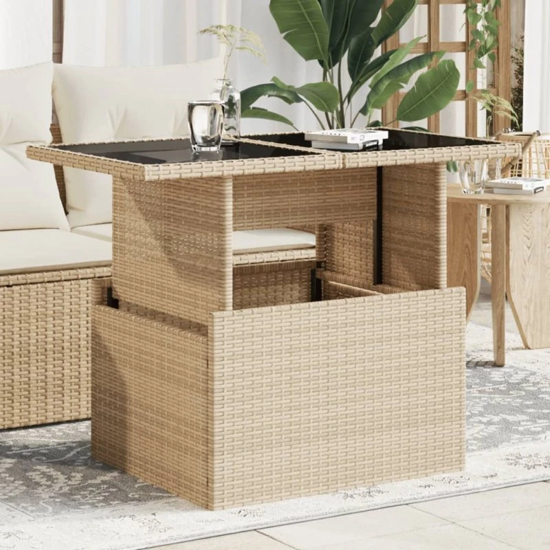 Havebord 100x55x73 cm polyrattan med glastop – beige