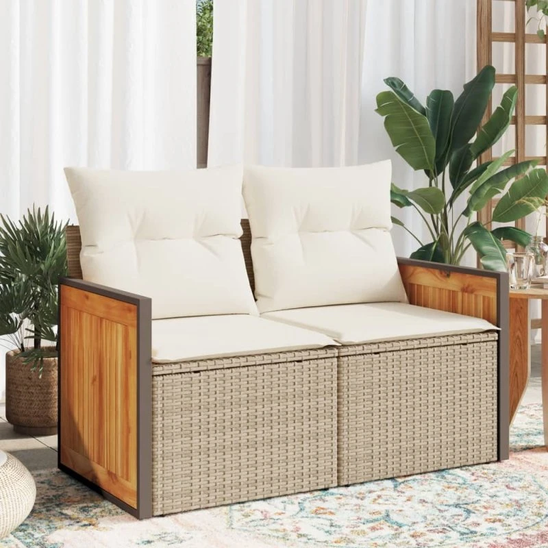2-personers havesofa i polyrattan med hynder, beige
